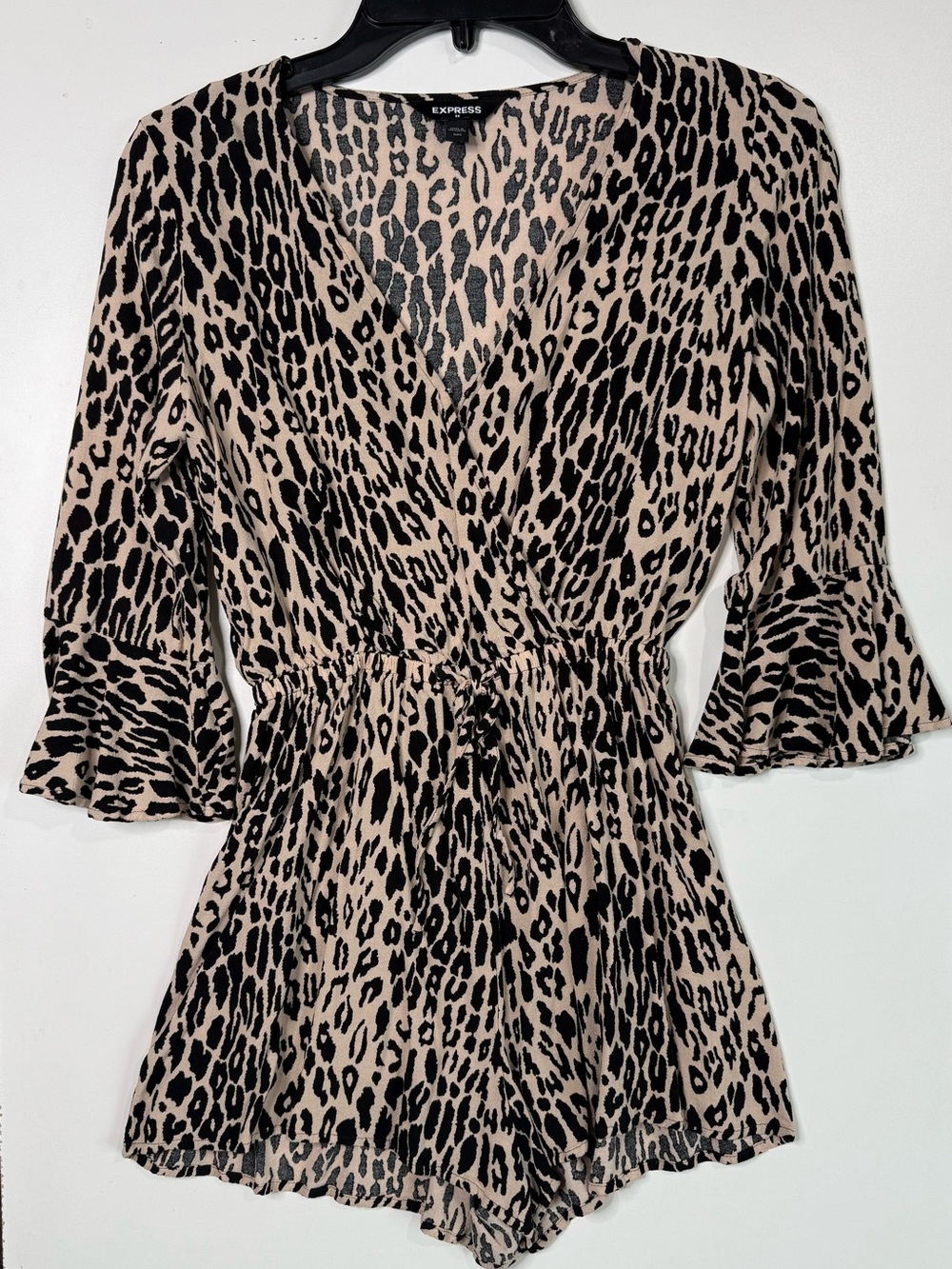 Express Leopard Print Wrap Romper in Beige and Black